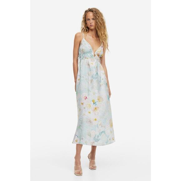 H&M Women’s Watercolor Floral Drawstring Detail Midi Dress Romantic Size XL - Picture 1 of 9